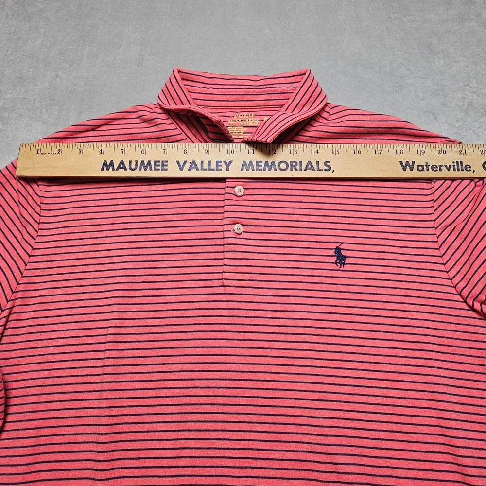 Polo Ralph Lauren Mens XXL Performance Polo Shirt Coral Pink Navy Blue‎ Striped